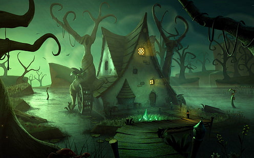 Pantano verde oscuro y casa, cartel de la casa marrón, fantasía, 1920x1200, casa, bosque, oscuridad, pantano, Fondo de pantalla HD HD wallpaper