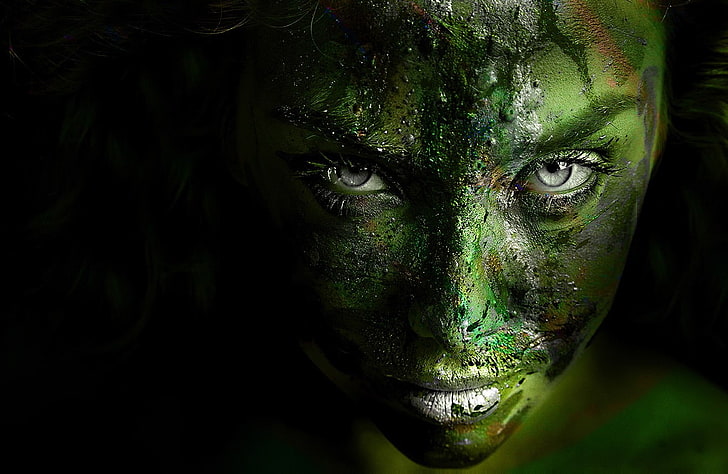 green body paint, green, photography, HD wallpaper