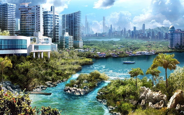 trees cityscapes buildings rivers yatch Nature Rivers HD Art , Rivers, Trees, buildings, cityscapes, yatch, HD wallpaper