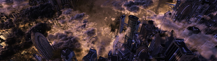 аэрофотосъемка зданий иллюстрации, городской пейзаж, облака, научная фантастика, футуристический город, HD обои