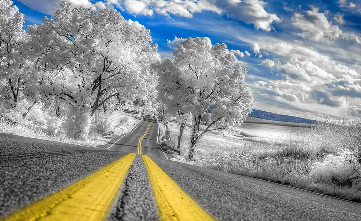 White Infrared Pennsylvania Landscape, gray concrete road, Aero, Creative, HD wallpaper