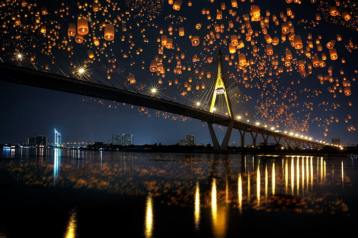 landscape photo of black bridge, landscape, bridge, night, sky lanterns, reflection, HD wallpaper