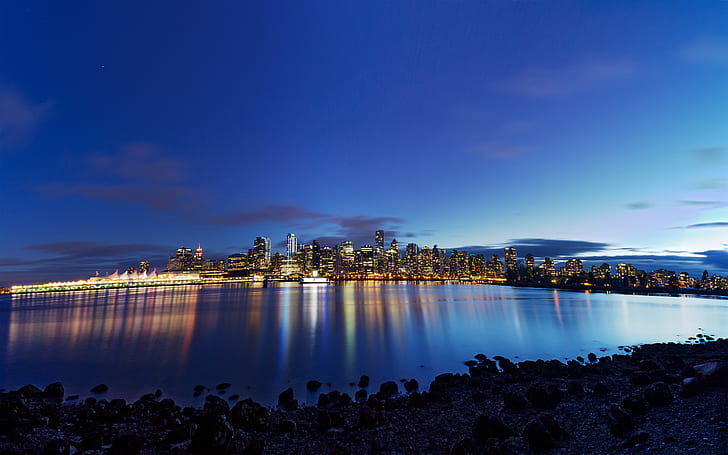 Vancouver alacakaranlıkta, mavi, britishcolumbia, Kanada, şehir, şehir ışıkları, kıyı şeridi, alacakaranlık, uzun pozlama, fotoğraf, yansımalar, manzarası, su, HD masaüstü duvar kağıdı