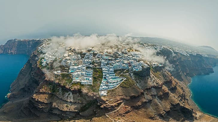 Santorini, Luftaufnahme, Himmel, Felsen, Stadt, Landschaft, HD-Hintergrundbild