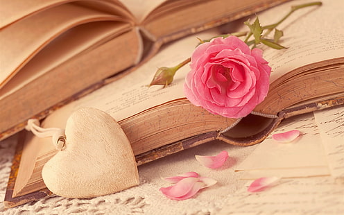 Pink rose flower, love hearts, book, Pink, Rose, Flower, Love, Hearts, Book, HD wallpaper HD wallpaper