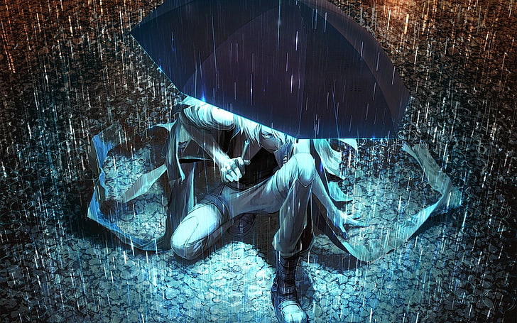 anime, neon, rain, umbrella, glowing, HD wallpaper