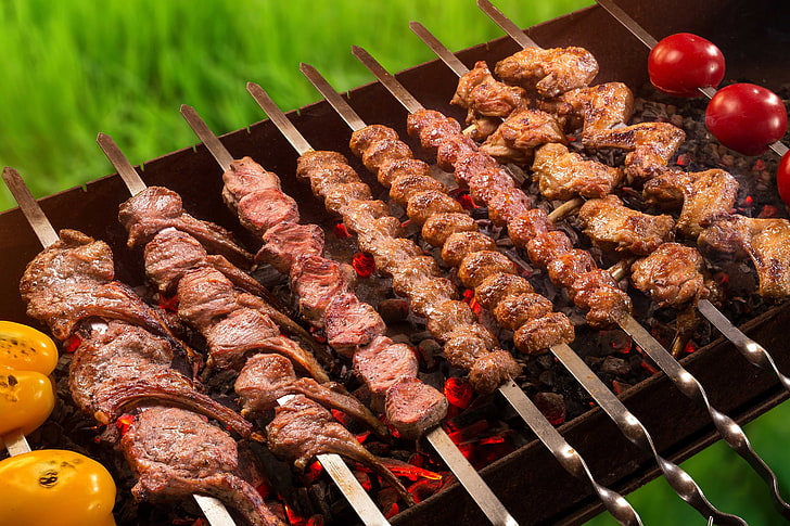 meat, vegetables, kebab, grill, HD wallpaper