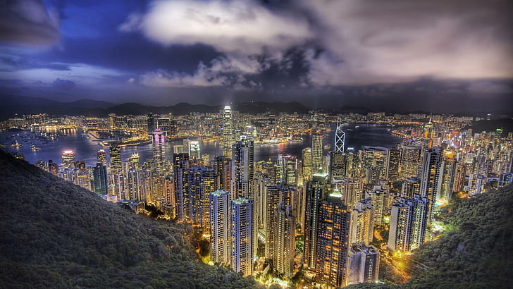 Hong Kong At Night / Hong Kong Bei Nacht, hongkong, szczyt, budynki, chiny, architektura, hd 1080p, hong-kong, światła, hong, fajne, wysokie, scena, Tapety HD