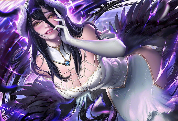 Sakimichan, Albedo (OverLord), Overlord (аниме), черные крылья, белое платье, рога, фиолетовый, фиолетовый, HD обои