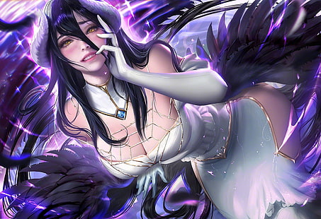 Sakimichan, Albedo (OverLord), Overlord (anime), Sayap hitam, gaun putih, tanduk, violet, ungu, Wallpaper HD HD wallpaper