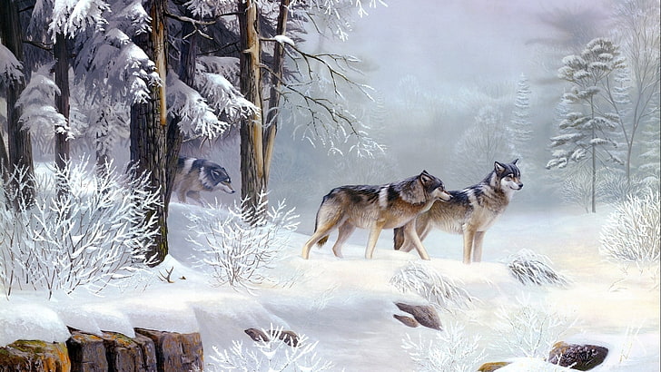 artwork, carnivore, forest, predator, snow, winter, wolf, wolves, HD wallpaper