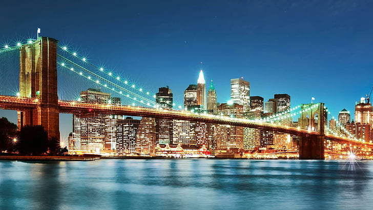 ブルックリン橋、橋、ニューヨーク市、アメリカ、アメリカ合衆国、街の灯、ライト、高層ビル、夜、マンハッタン、夜市、 HDデスクトップの壁紙