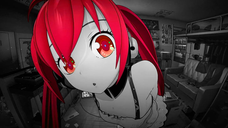 anime, red, selective coloring, headphones, anime girls, Hatsune Miku, HD wallpaper