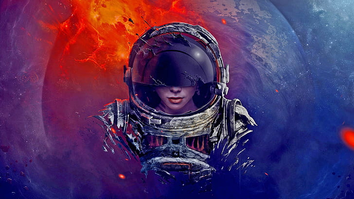 seni digital astronot pakaian luar angkasa helm ruang semesta api wanita batu planet galaksi nebula karya seni, Wallpaper HD