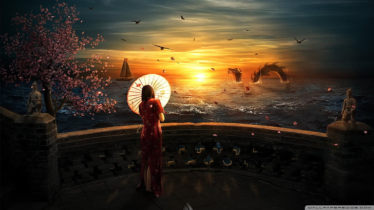 kobieta w czerwonej kwiecistej sukience trzymająca papierowy parasol olejowy, fantasy art, zachód słońca, potwory morskie, parasol, Cheongsam, chiński smok, Tapety HD
