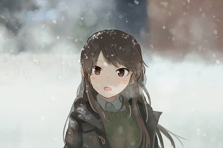 Nahaufnahmefoto des Anime-Charakters, Anime-Mädchen, Schnee, Brunette, ursprüngliche Charaktere, Aikatsu, Shibuki Ran, Anime, HD-Hintergrundbild