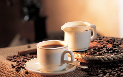 beyaz seramik çay fincanı, fincan, kahve, kahve çekirdekleri, HD masaüstü duvar kağıdı HD wallpaper