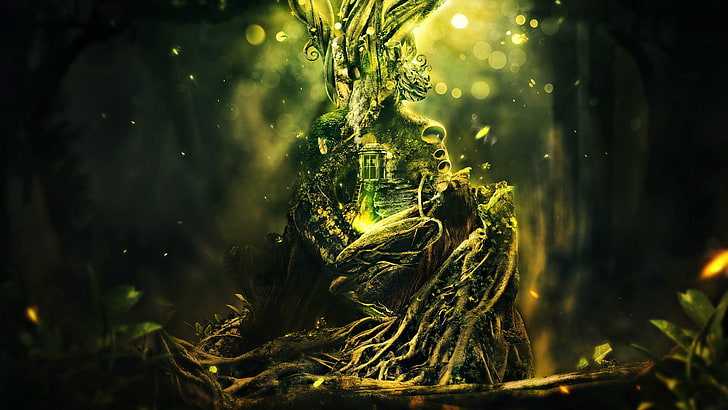 green tree illustration, roots, trees, door, branch, digital art, forest, Desktopography, heart, fantasy art, HD wallpaper