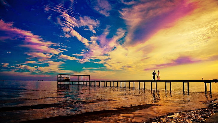 sky, horizon, sea, sunset, cloud, calm, afterglow, reflection, water, colorful, ocean, shore, dusk, pier, romantic, HD wallpaper