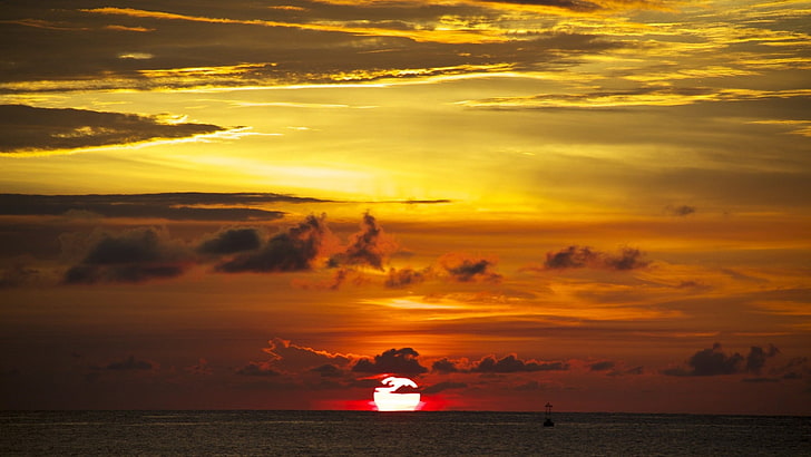puesta de sol, playa, puesta de sol, luz solar, sol, nubes, mar, Fondo de pantalla HD