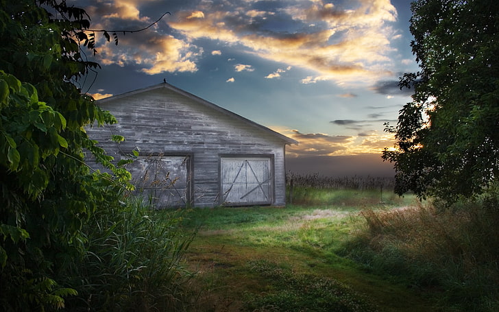 gray house illustration, barn, greens, structure, evening, clouds, HD wallpaper