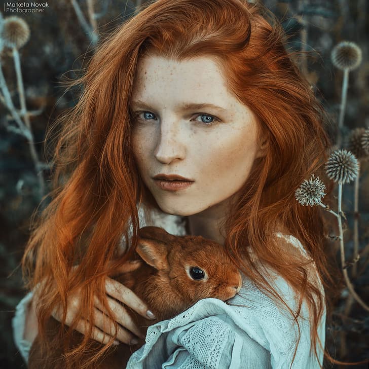 look, girl, face, hair, portrait, rabbit, freckles, red, redhead, Marketa Novak, Marie Hlávková, HD wallpaper