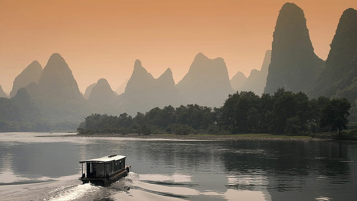 Известняковый карстовый горизонт над рекой Ли в сумерках в Гуйлине, Китай HD, лес, мехинакал, апельсин, река, HD обои