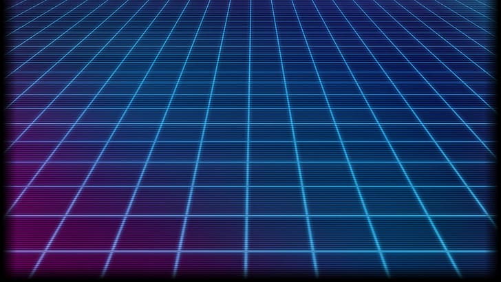 grid, lines, retrowave, gradient, neon, glowing, blue, purple, HD wallpaper