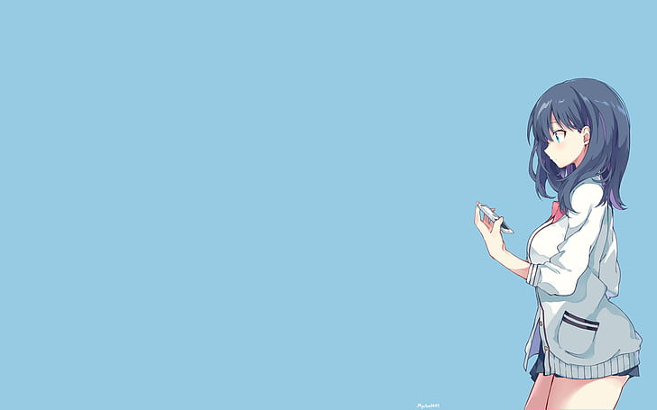 간단한 배경, 애니메이션, 애니메이션 소녀, SSSS. GRIDMAN, Takarada Rikka, 파란색 배경, HD 배경 화면