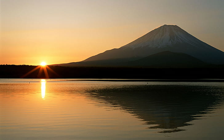 Landscape, Flares, Sunlight, Mountain, Reflection, Water, Mount Fuji, Japan, landscape, flares, sunlight, mountain, reflection, water, mount fuji, japan, HD wallpaper