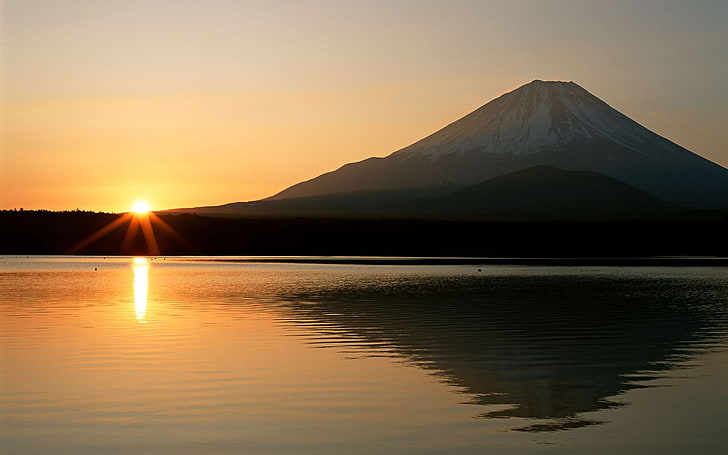 landscape, flares, sunlight, mountains, reflection, water, Mount Fuji, Japan, HD wallpaper