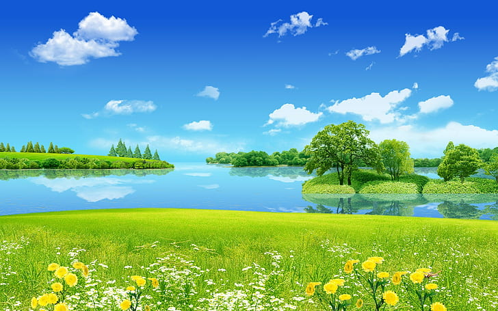 Yaratıcı Yaz Dreamland HD, gölet ve yeşil çim resim, yaratıcı, grafik, yaratıcı ve grafik, yaz, dreamland, HD masaüstü duvar kağıdı