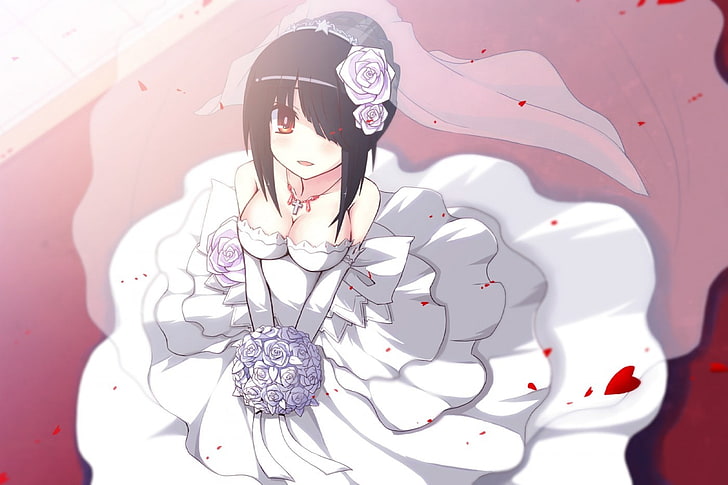 papel de parede digital de personagem de anime de cabelos pretos, vestido de noiva, Tokisaki Kurumi, Date A Live, olhos vermelhos, noivas, anime, meninas anime, HD papel de parede