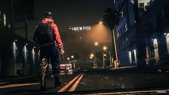 men's red jacket and black backpack, GTA5, Grand Theft Auto V, Grand Theft Auto, Hollywood, HD wallpaper HD wallpaper