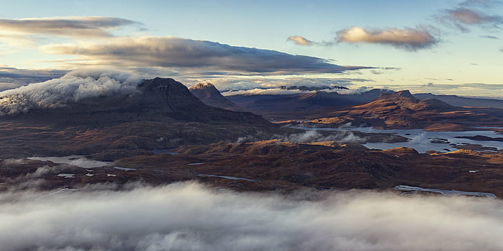 пейзажна фотография на планини, Асинт, Асинт, Асинт, пейзажна фотография, планини, Шотландия, планински райони Север, Северозападна планинска земя, Суилвен, Stac Pollaidh, Stac Polly, Cul Mor, Cul Beag, Sgurr, Ben More Coigach, Loch, Landscape, Isle на Skye, Canon 6D, планина, природа, залез, планински връх, панорама, сняг, на открито, облак - небе, небе, HD тапет