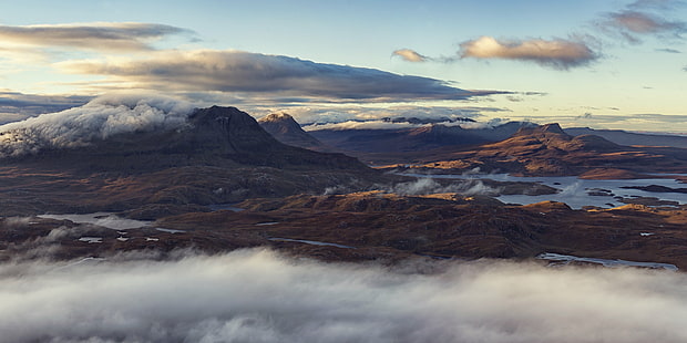 пейзажна фотография на планини, Асинт, Асинт, Асинт, пейзажна фотография, планини, Шотландия, планински райони Север, Северозападна планинска земя, Суилвен, Stac Pollaidh, Stac Polly, Cul Mor, Cul Beag, Sgurr, Ben More Coigach, Loch, Landscape, Isle на Skye, Canon 6D, планина, природа, залез, планински връх, панорама, сняг, на открито, облак - небе, небе, HD тапет HD wallpaper