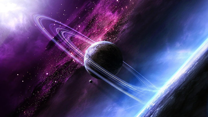 illustrazione del pianeta nella galassia, spazio, galassia, pianeta, anelli planetari, viola, stelle, nebulosa, arte spaziale, arte digitale, Sfondo HD
