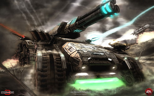 svart stridsvagn tapeter, Command & Conquer, tiberium, Command & Conquer 3: Tiberium Wars, videospel, tank, M.A.R.V., strategispel, brand, Electronic Arts, damm, moln, HD tapet HD wallpaper