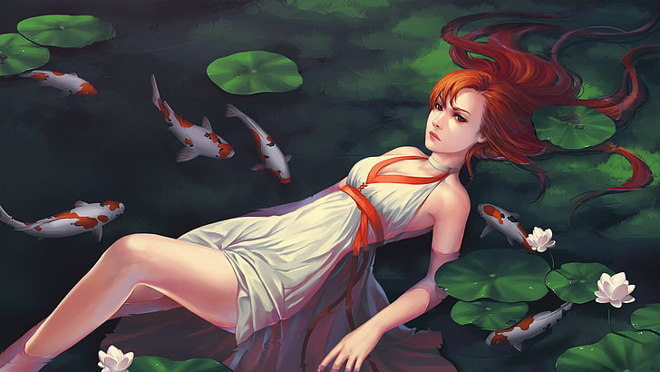 wanita berbaring di badan air dengan ilustrasi ikan koi, karya seni, air, berambut merah, ikan, seni fantasi, Wallpaper HD