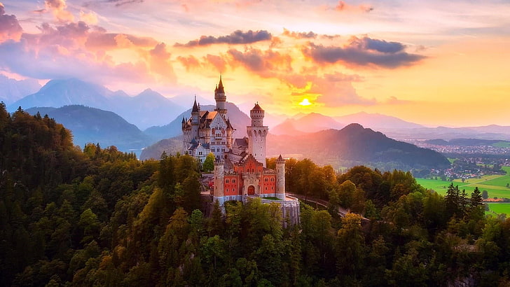 замък, небе, забележителност, замък Нойшванщайн, планина, планинско село, разсъмване, туристическа атракция, дърво, сутрин, облак, Швангау, Бавария, Германия, Европа, HD тапет