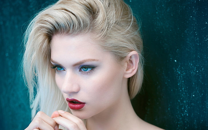 women's blonde hair, women, blonde, blue eyes, red lipstick, Martina Dimitrova, HD wallpaper