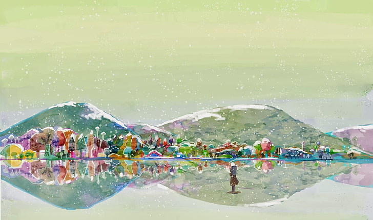 дървета в близост до планини живопис, Mushishi, произведения на изкуството, сняг, отражение, аниме, HD тапет