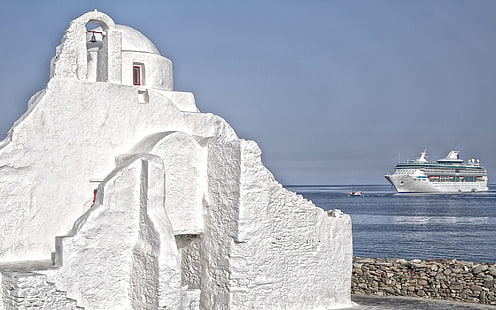 море, небо, корабль, Греция, церковь, лайнер, остров Миконос, HD обои HD wallpaper