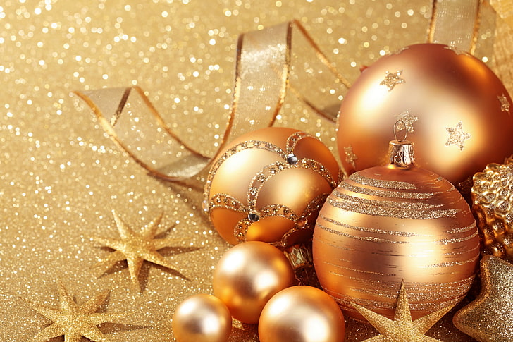 gold Christmas bauble lot, decoration, gold, balls, New Year, Christmas, golden, HD wallpaper