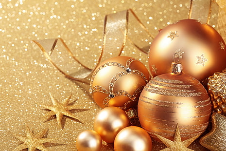 gold Christmas bauble lot, decoration, gold, balls, New Year, Christmas, golden, HD wallpaper HD wallpaper