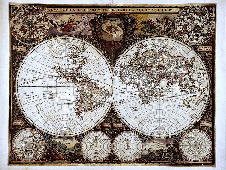 mapa del mundo primitivo Nova Totius blanco, negro y marrón, tierra, mapa mundial, viaje, diferente, Fondo de pantalla HD