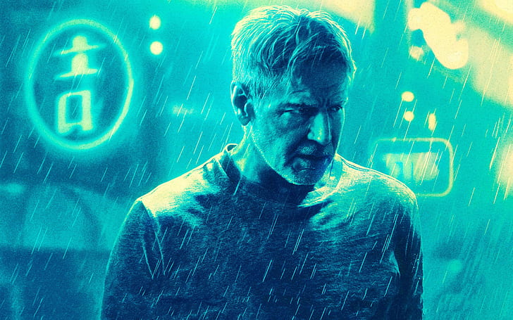 fiction, rain, Thriller, poster, neon light, Harrison Ford, Rick Deckard, Blade Runner 2049, HD wallpaper