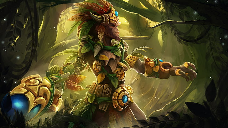 Dota 2 Heroes Monkey King Path Of The Jungle Leader Clothes With Gems Jewelry Hat With Feathers, Horns Hd Wallpaper 1920×1080, HD wallpaper