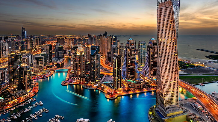 Обединени арабски емирства, силует, забележителност, небостъргач, метрополия, вечер, градски пейзаж, здрач, ОАЕ, сгради, център, Дубай, небе, облаци, езеро, град, небостъргачи, сграда, HD тапет