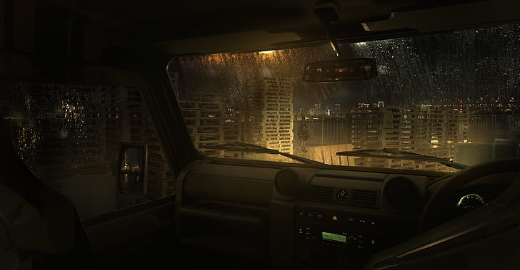 автомобиль, в салоне автомобиля, дождь, отражение, город, огни города, стоя, HD обои